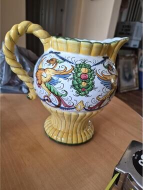Vtg Italian Deruta Majolica Pitcher Bird Motif Tuscan Mediterranean Ceramic Vase